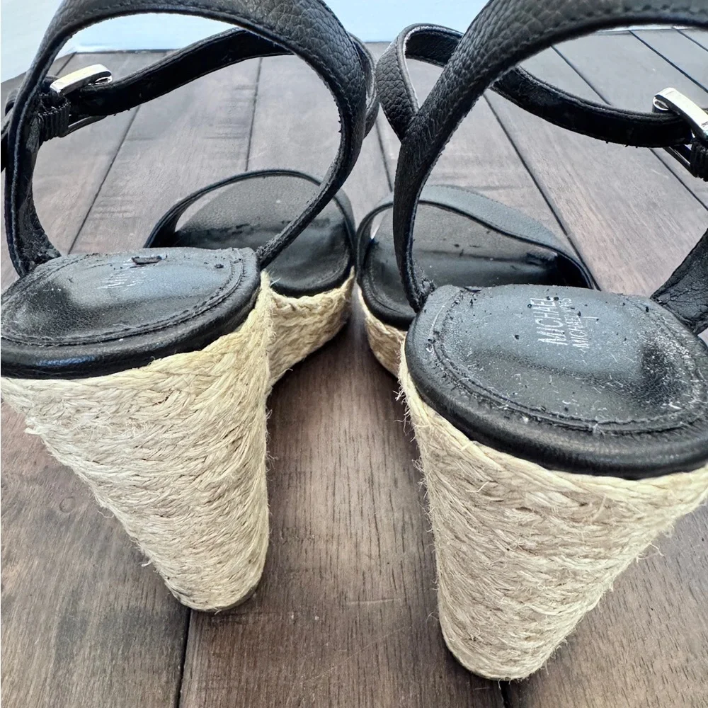 Michael Kors Womens Jill Black Leather Wedge Espadrille Sandals Shoes Size 8.5 M